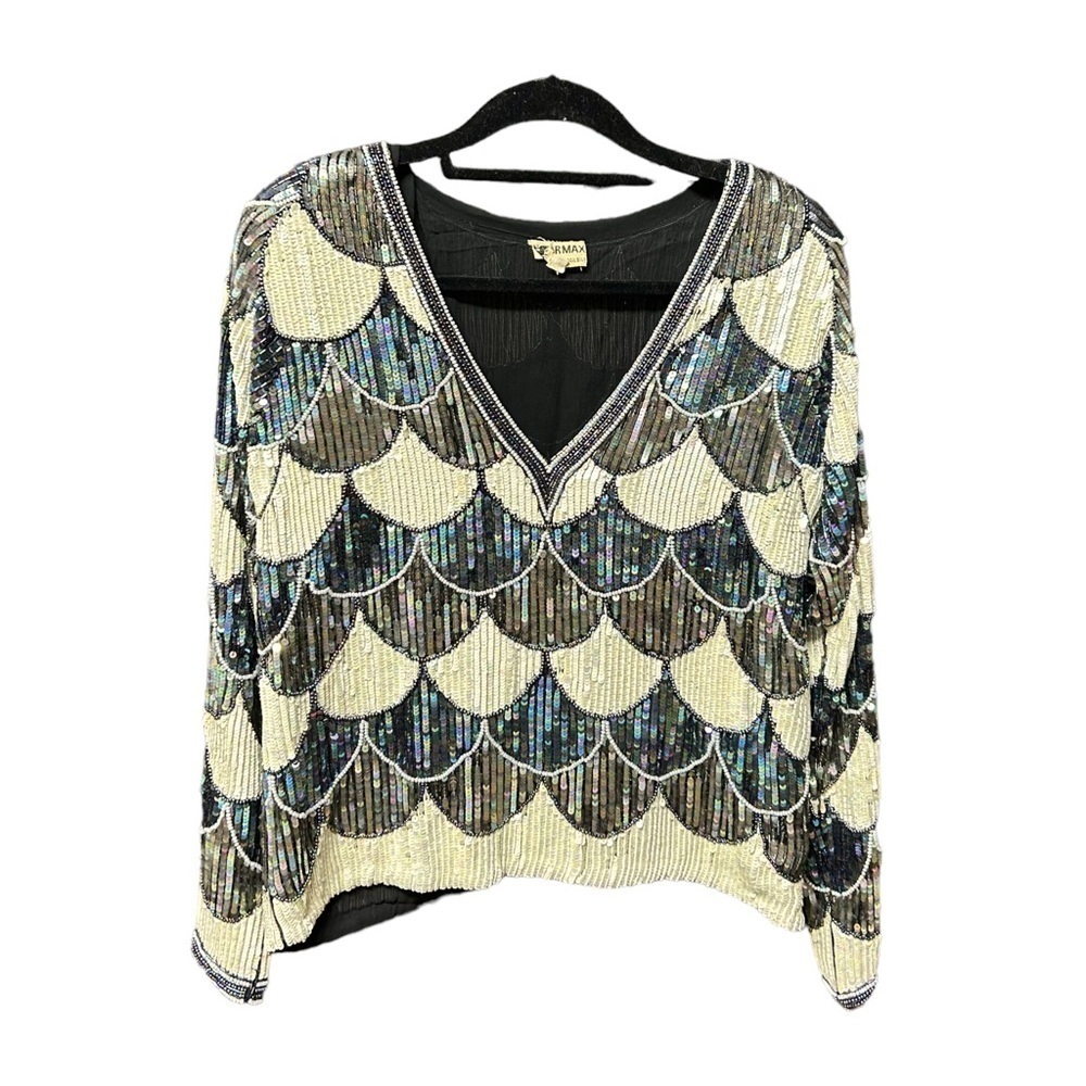 MVintage beaded silk blouse black and white heavily beaded medium Sistermax